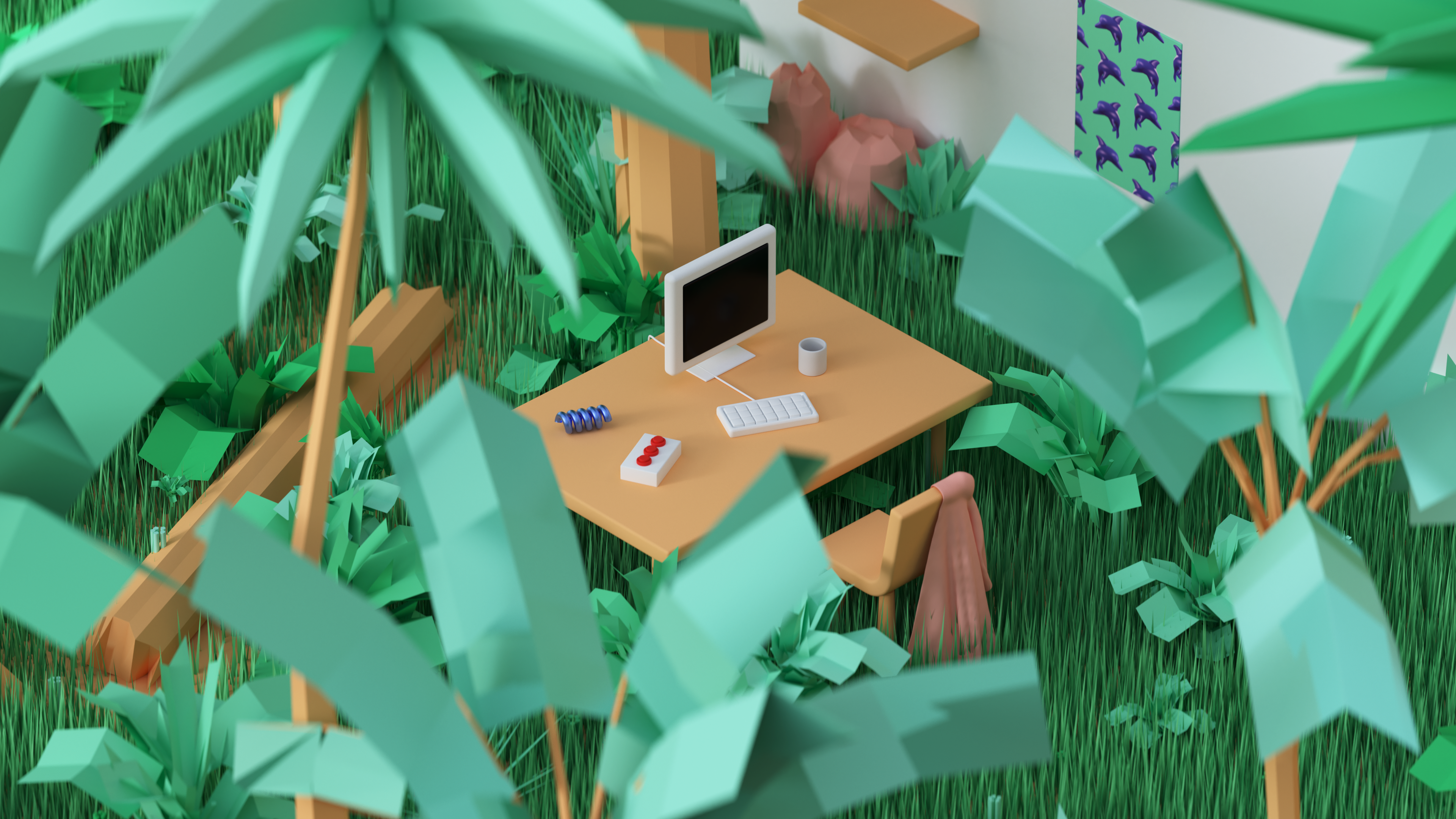A desk with a white monitor, mug, and keyboard, with a chair pulled up to it, sitting in the middle of a jungle - Haptic game servers are so  immersive, it's hard to remember you're gaming in the middle of a jungle.
