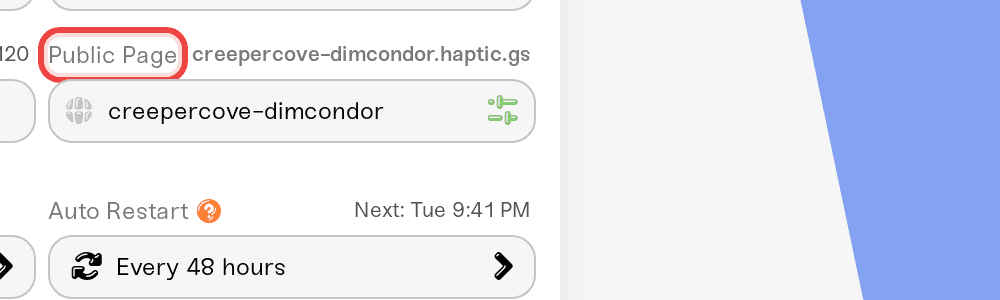 The Public Page field on the Overview card with the green sliders icon highlighted