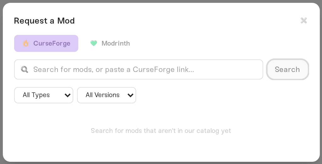 The Request a Mod search screen with source tabs