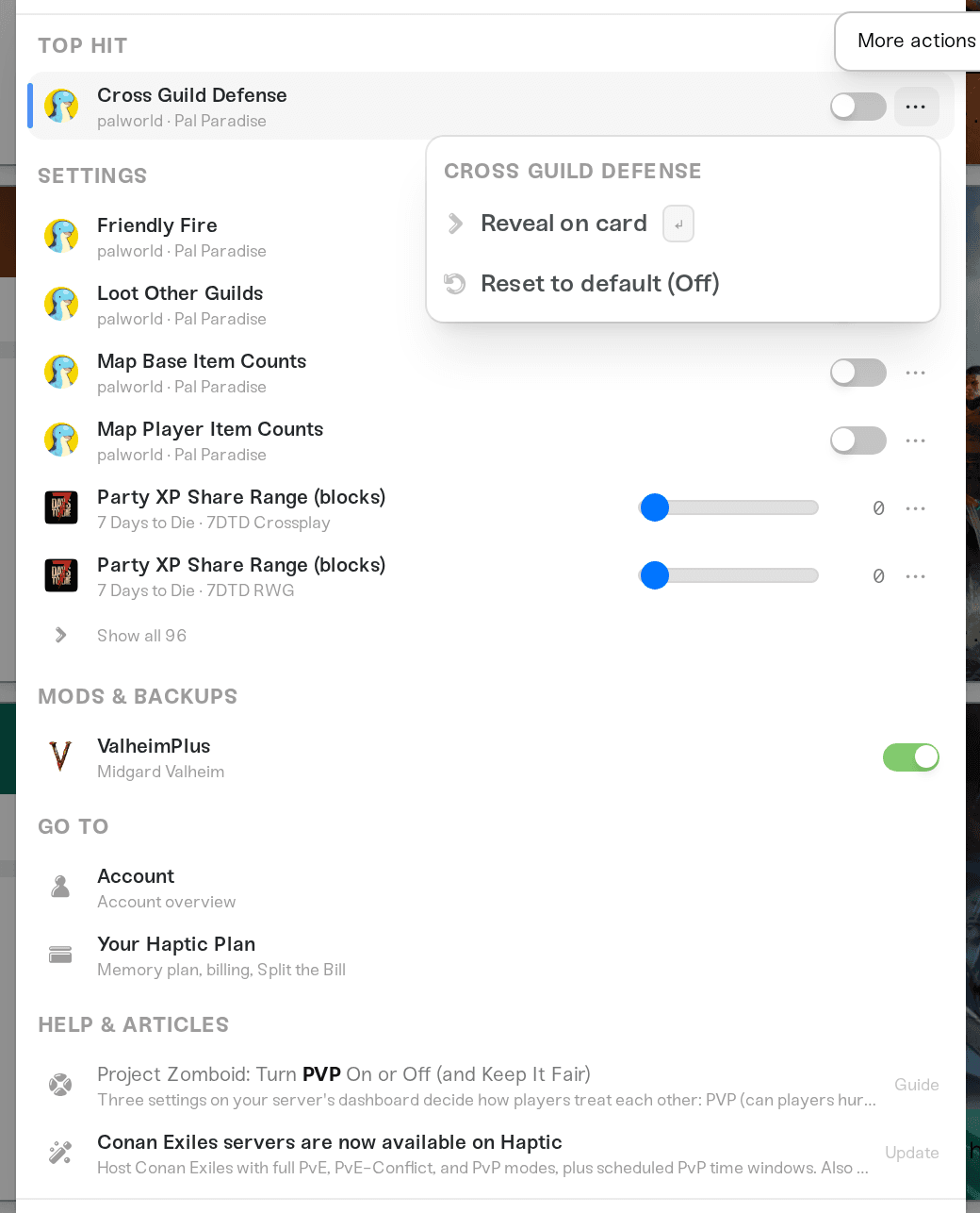 The row menu on a setting result