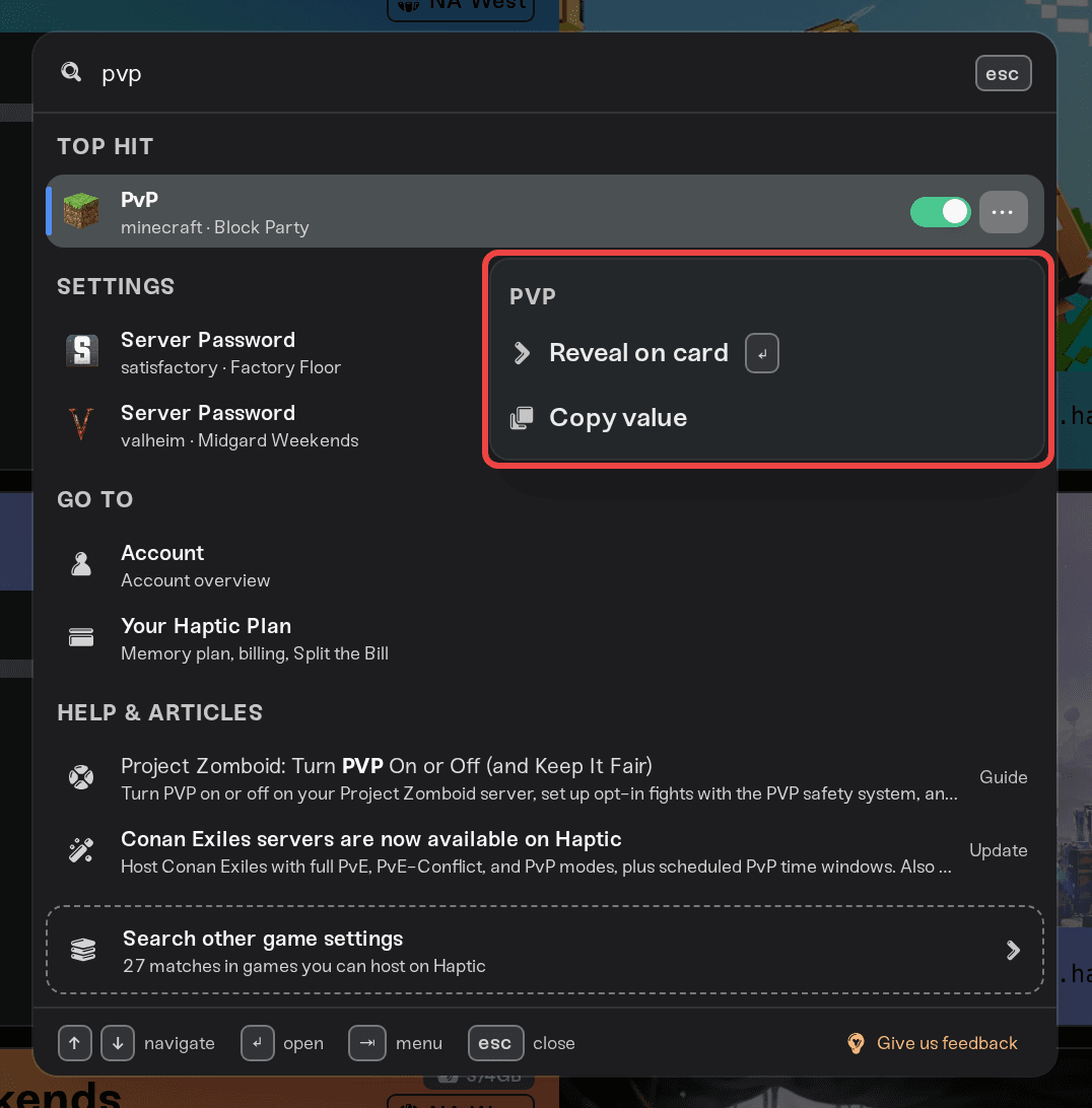 The row menu on a setting result