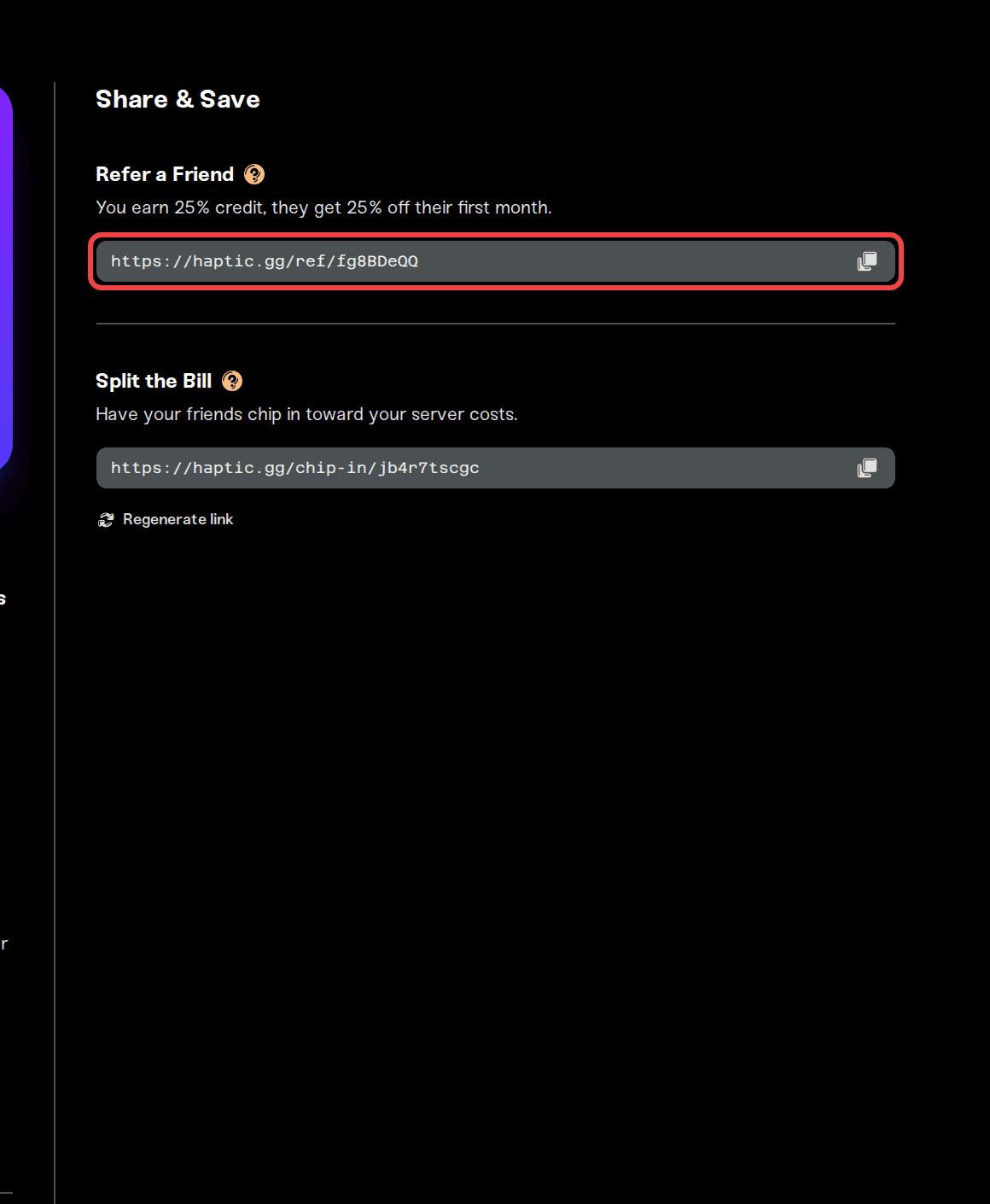 The Refer a Friend card on the plan page with the click-to-copy referral link
