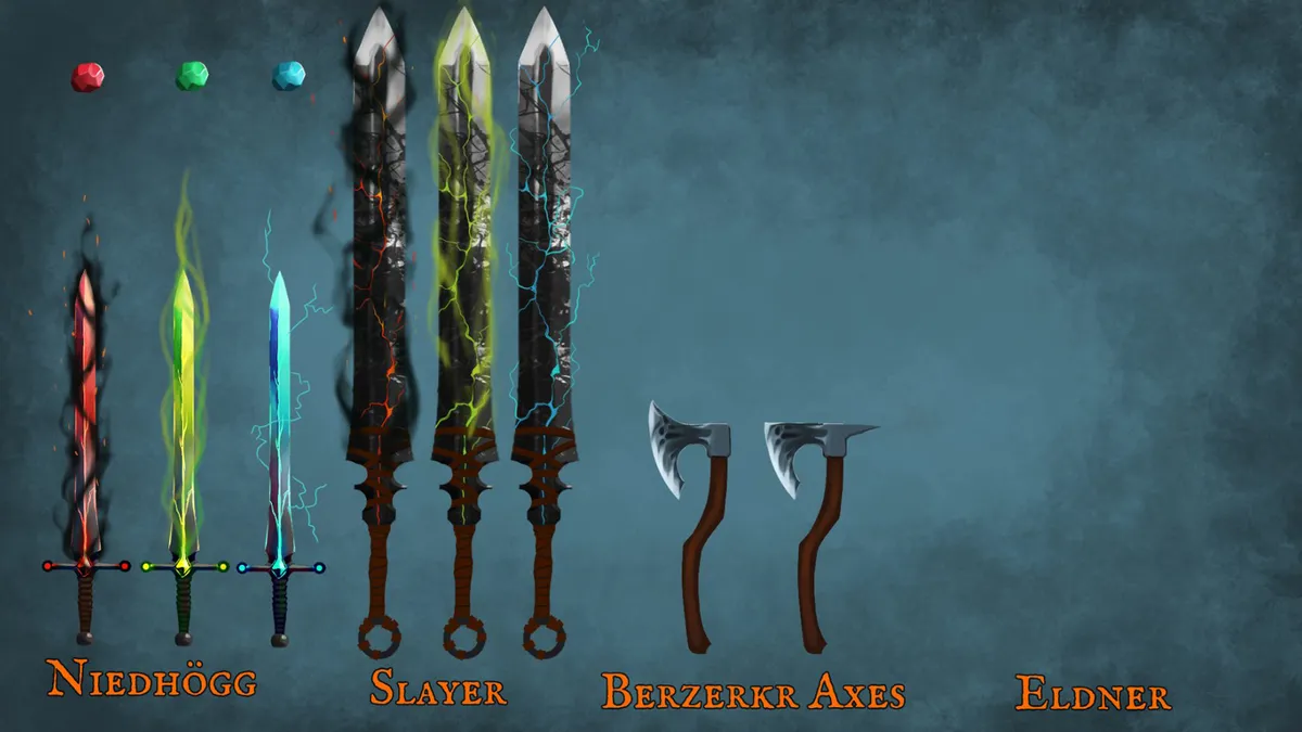 Valheim Ashlands weapons are glowing red, green, blue, with colorful auras swirling around them.