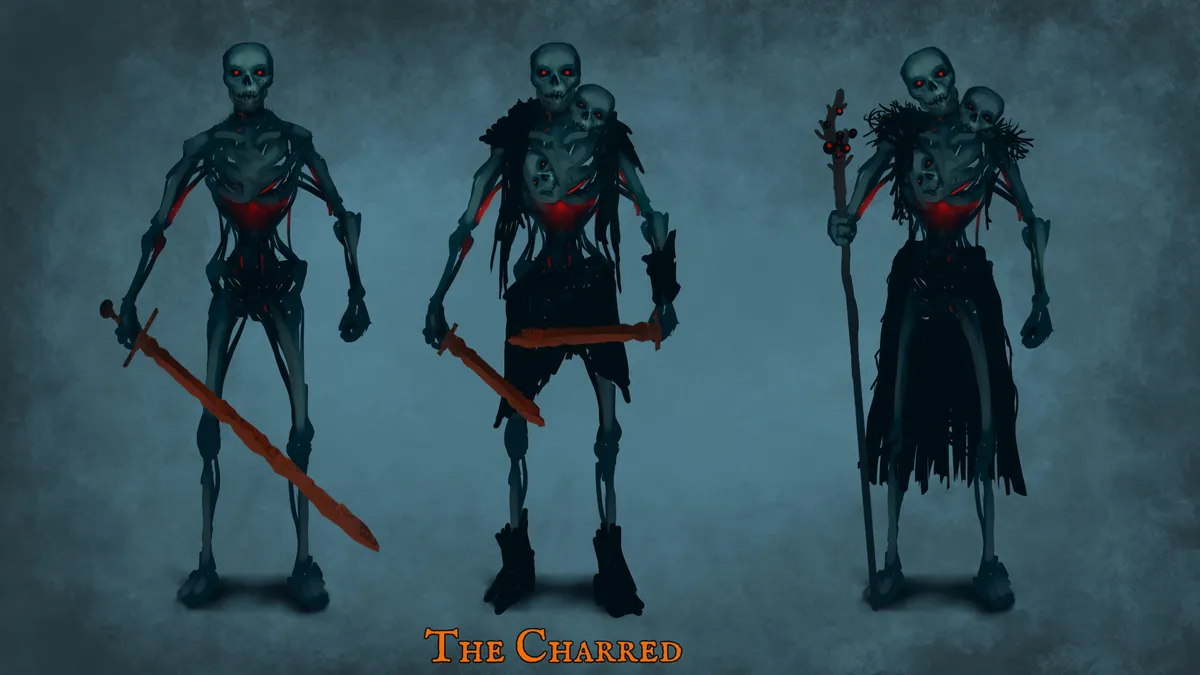 Creepy-looking skeletons called The Charred - a new Valheim Ashlands enemy.