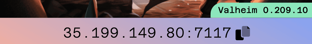 An ip:port of a Valheim instance on a Raid Server Slot with a copy icon with an up to date version of Valheim.