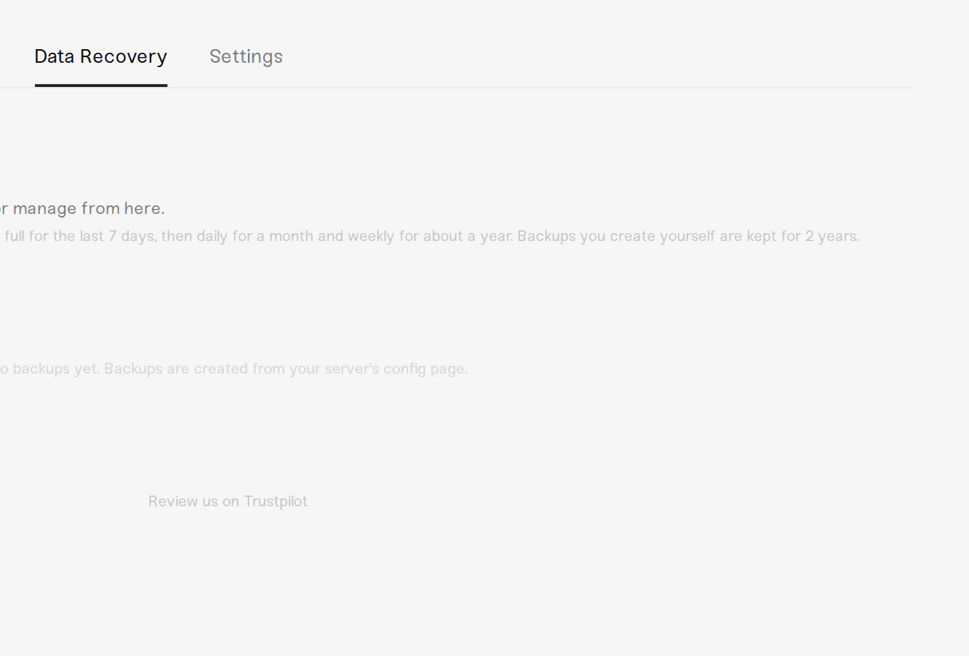 The Data Recovery tab in Account showing backups for every server