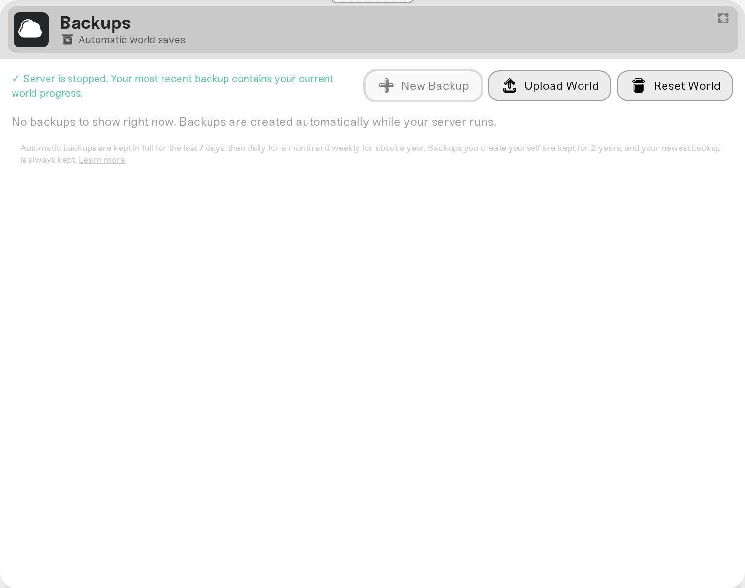 The expanded Backups card header with the New Backup, Upload World, and Reset World buttons