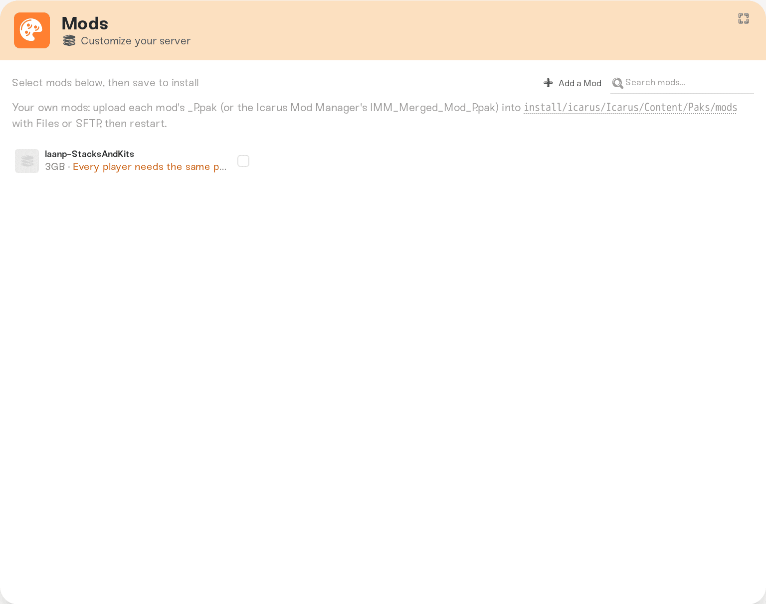The Mods card on an Icarus server listing a Project Daedalus pak mod