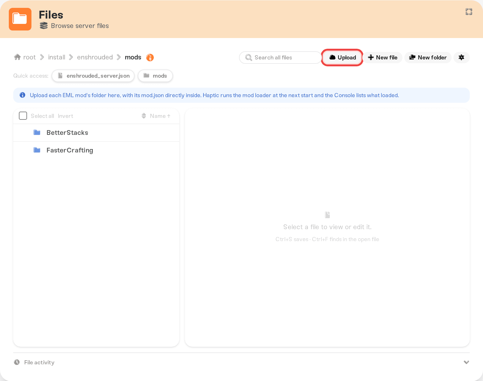The Upload button on an Enshrouded server's Files card