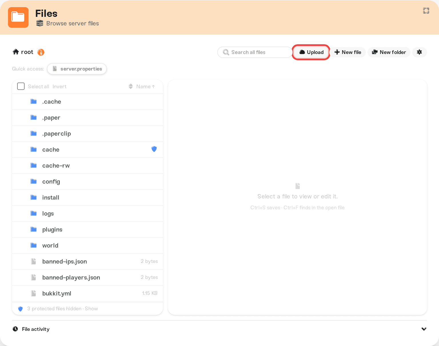 The Files toolbar with search, Upload, New file, and New folder