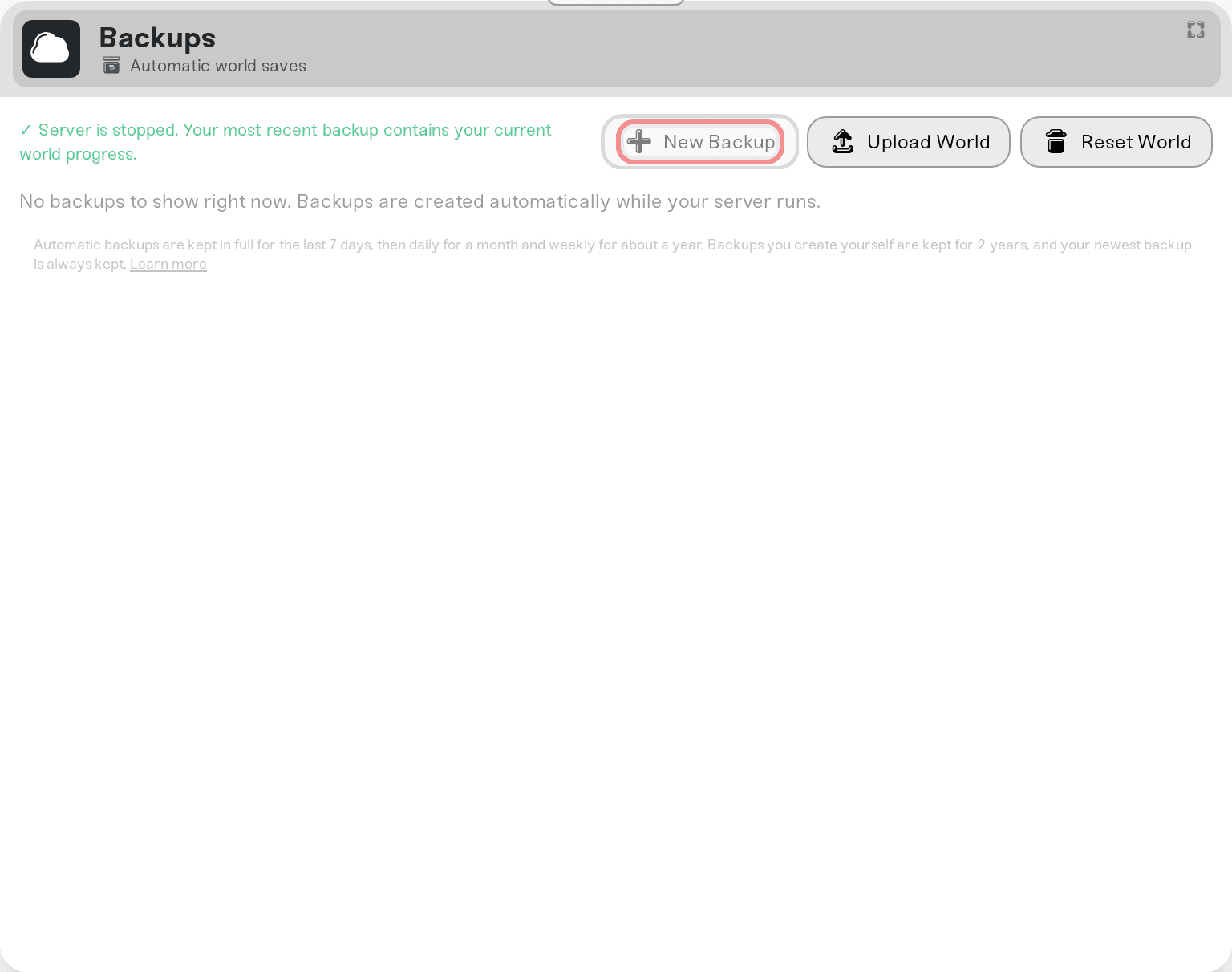 The Backups tab header row with the New Backup button highlighted