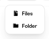 The Upload menu open, showing the Files and Folder options