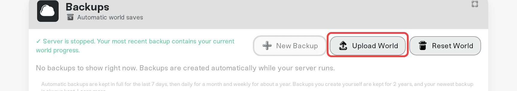 Upload World button in the Backups card