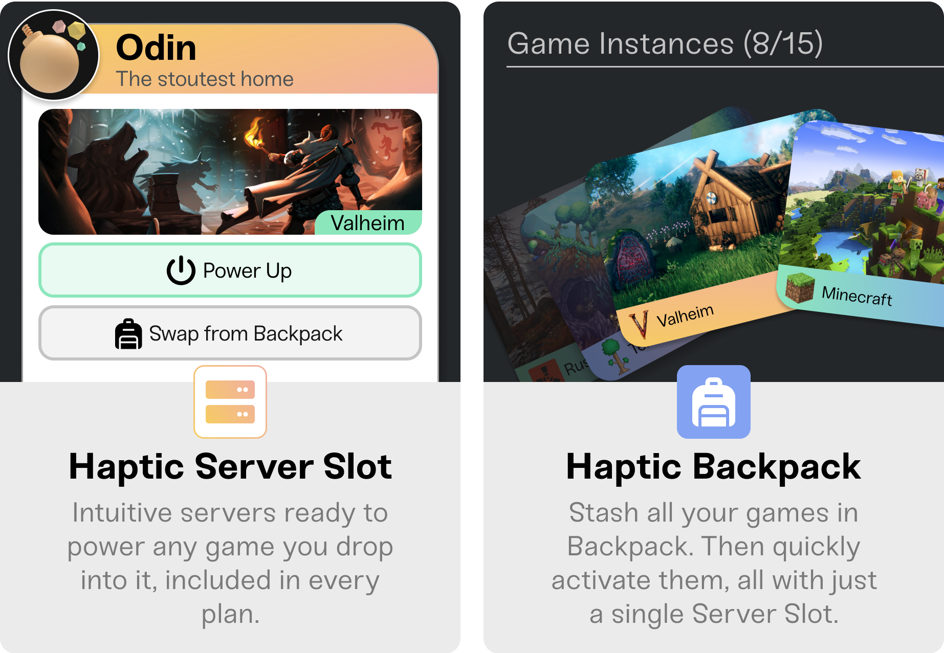 Haptic Server Slot and Haptic Backpack cards with Valheim, Minecraft, Ark: Survival Evolved, and Rust being shown off. 