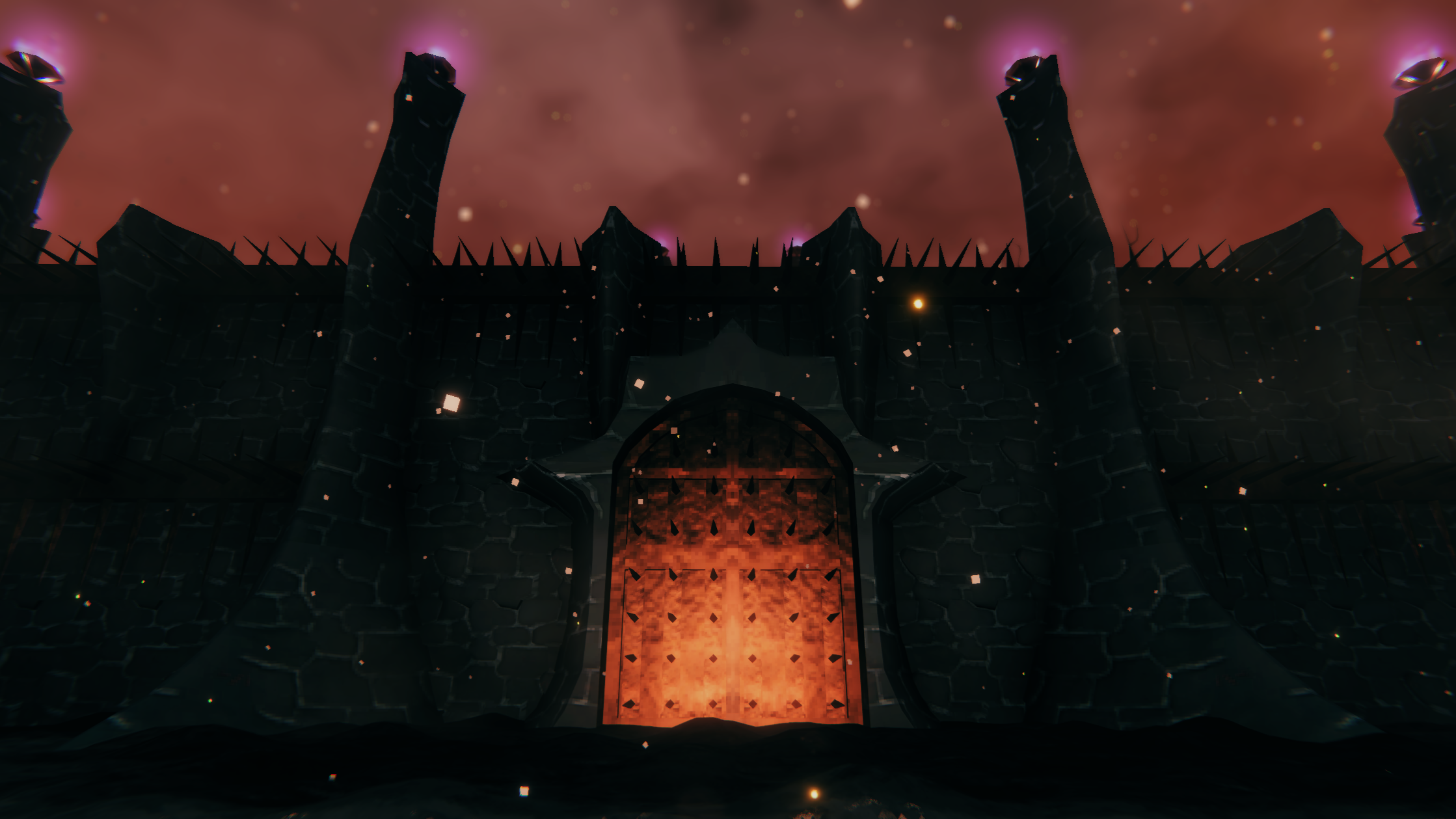 Scary-looking fortress in Valheim Ashlands with red skies, spires, and spikes on the ramparts.