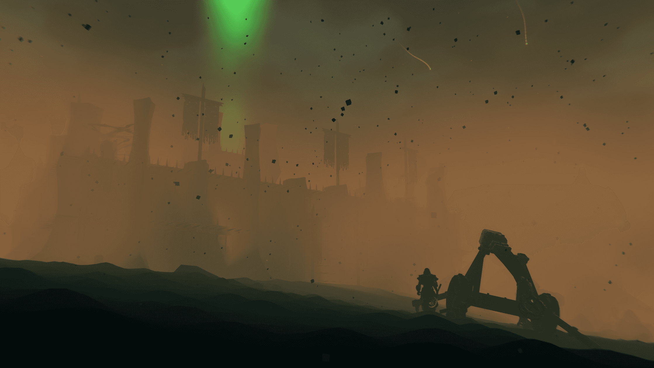 A viking with a trebuchet in the foreground views a fortress behind a haze of ashes of the new Valheim biome Ashlands.