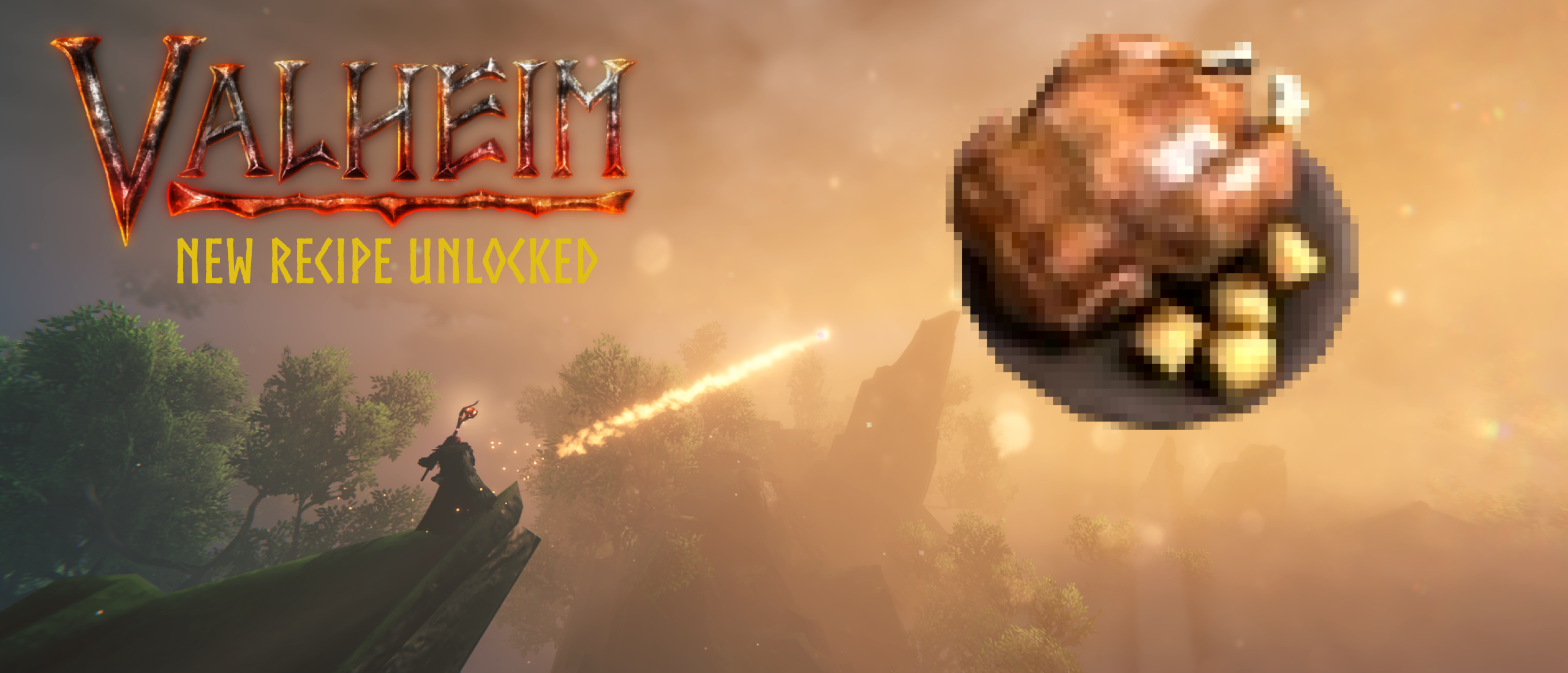 A Viking caster in Valheim destroying a floating honey glazed chicken monster to gain its recipe.
