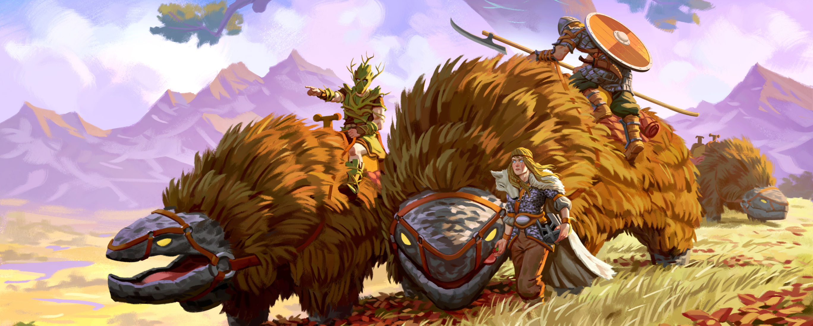Three warriors traversing the land of Valheim with the world tree in the background.
