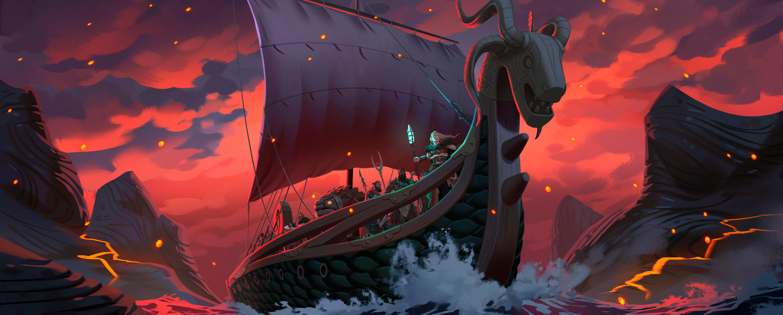 Valheim vikings sailing towards the Ashlands with volcanic magma and ash in the background