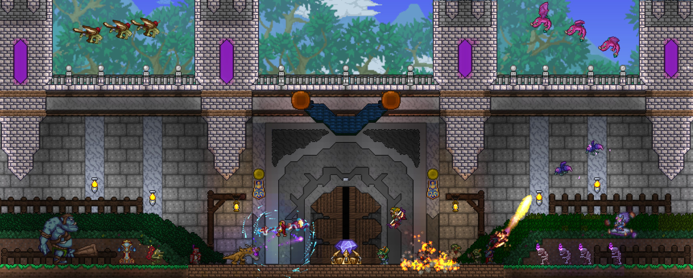 Terraria hero fighting by a castle