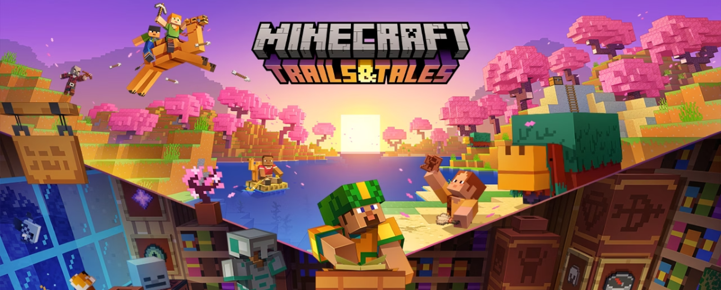 Minecraft 1.20 Trails & Tales update hero art with camels, archeology and more.