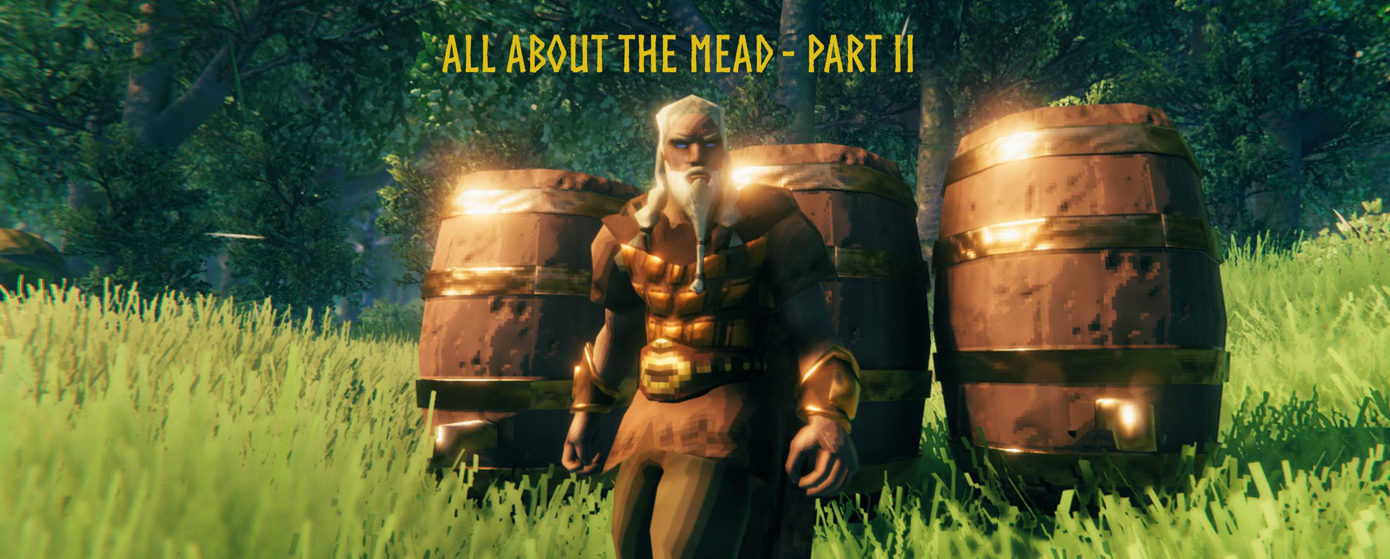 A viking standing next to barrels of mead in Valheim.