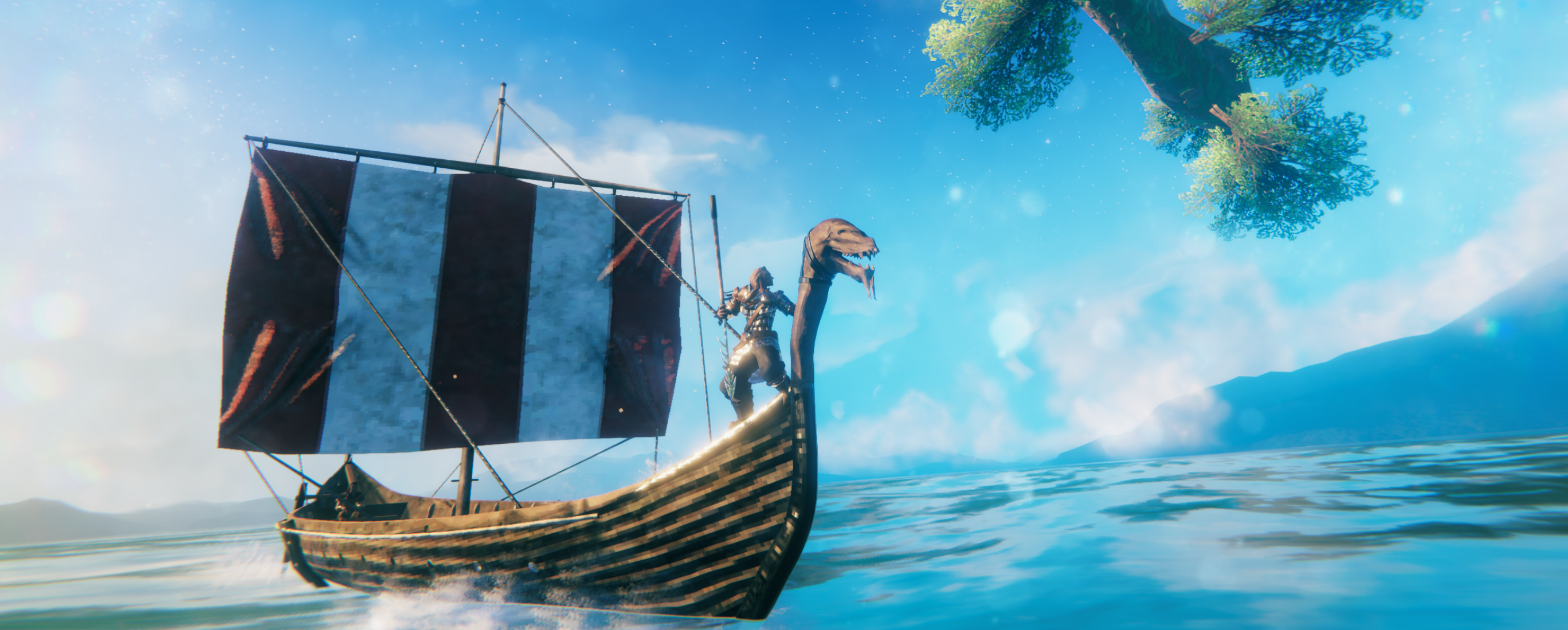 A viking traversing the Valheim seas using a technological marvel - the boat.