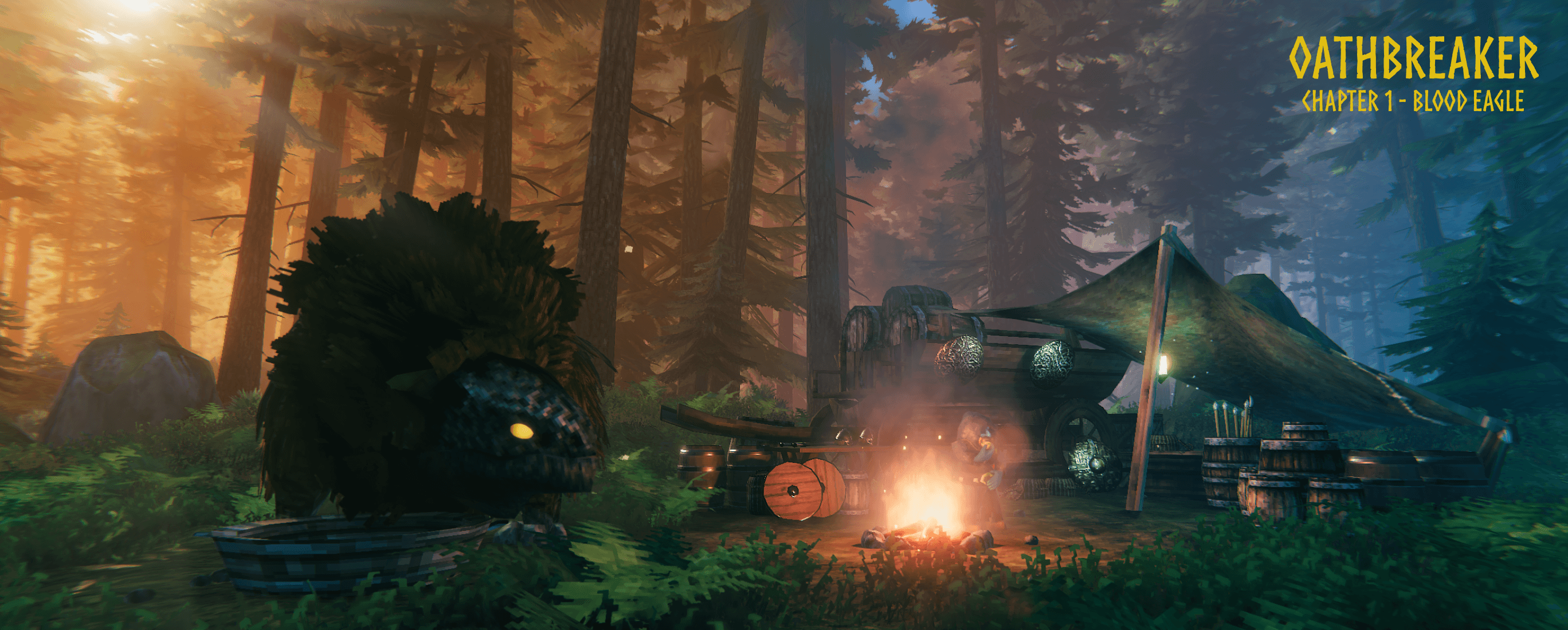 A viking near a camp fire in the Valheim realm. With him is a wagon and half-tent set up beside the path, as well as a creature, an ugly bug-eyed beast like a turtle with shaggy fur and an almost bearish demeanor.