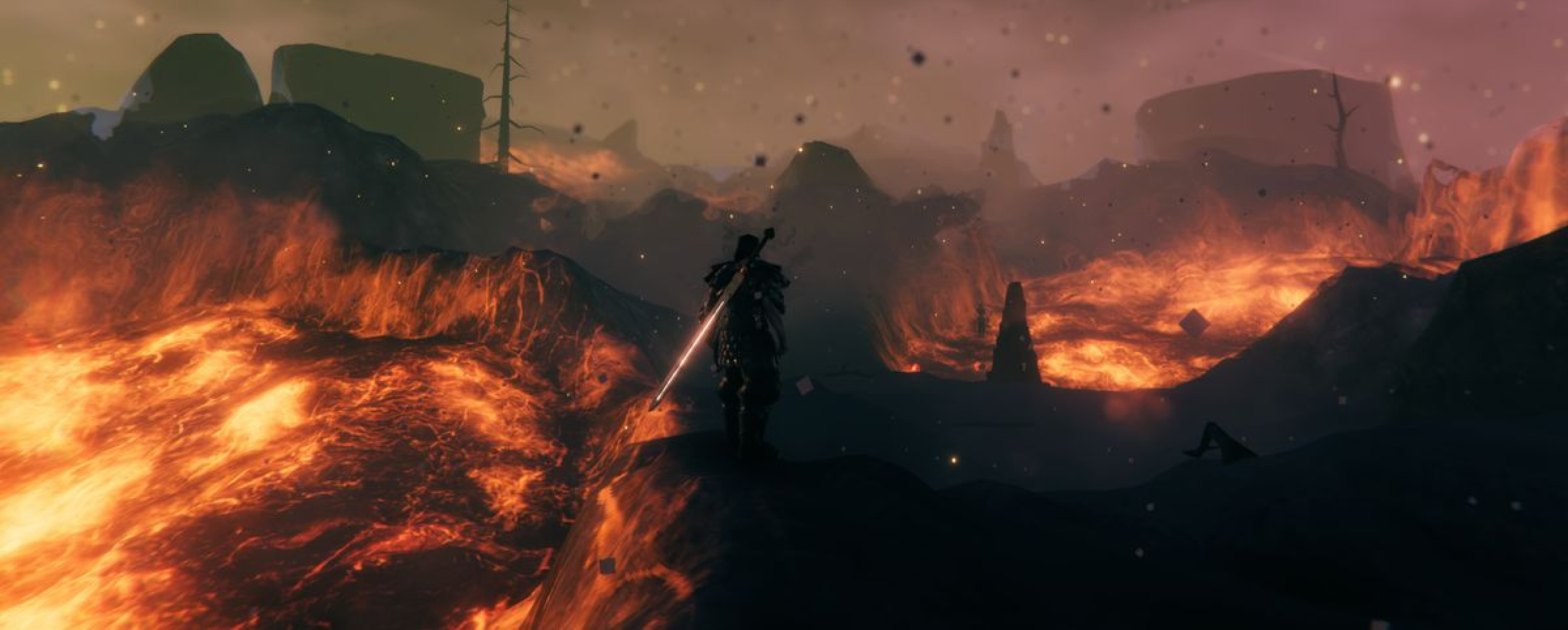 Hero balancing between two lava pits in valheims Ashlands.