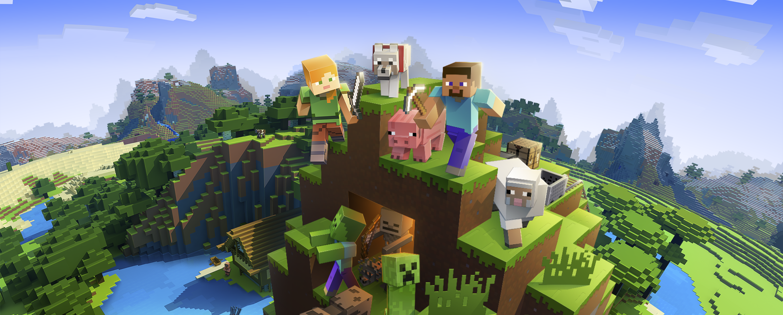 Minecraft game characters standing together with a pig, sheep, and some creepers.