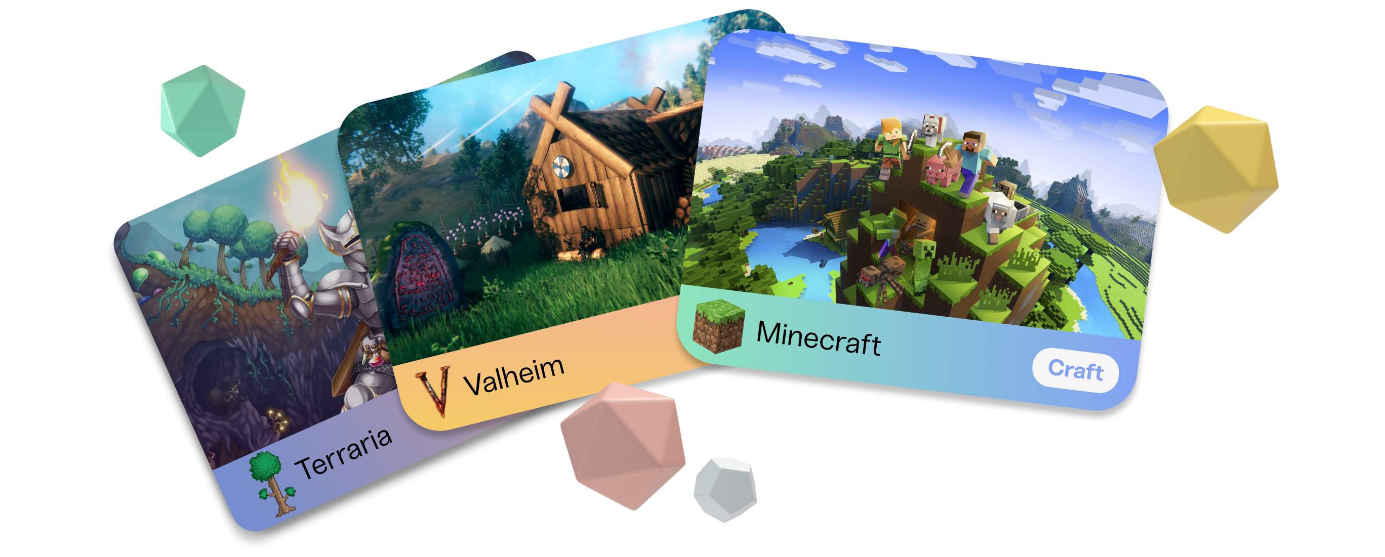 Terraria, Valheim, and Minecraft as little game cards stacked on each other.