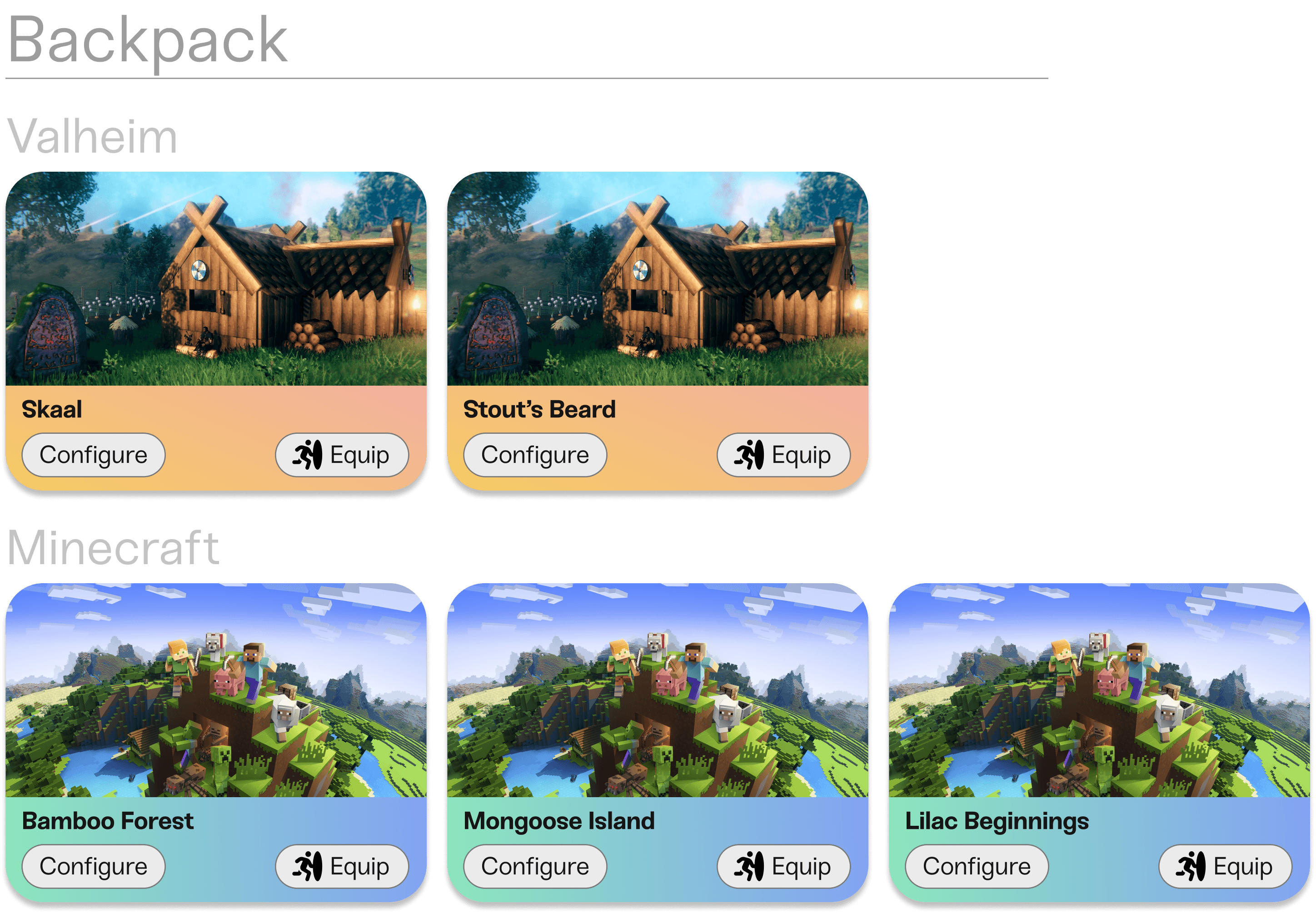 Valheim, and Minecraft game instance tiles being displayed in the user's Haptic Backpack.