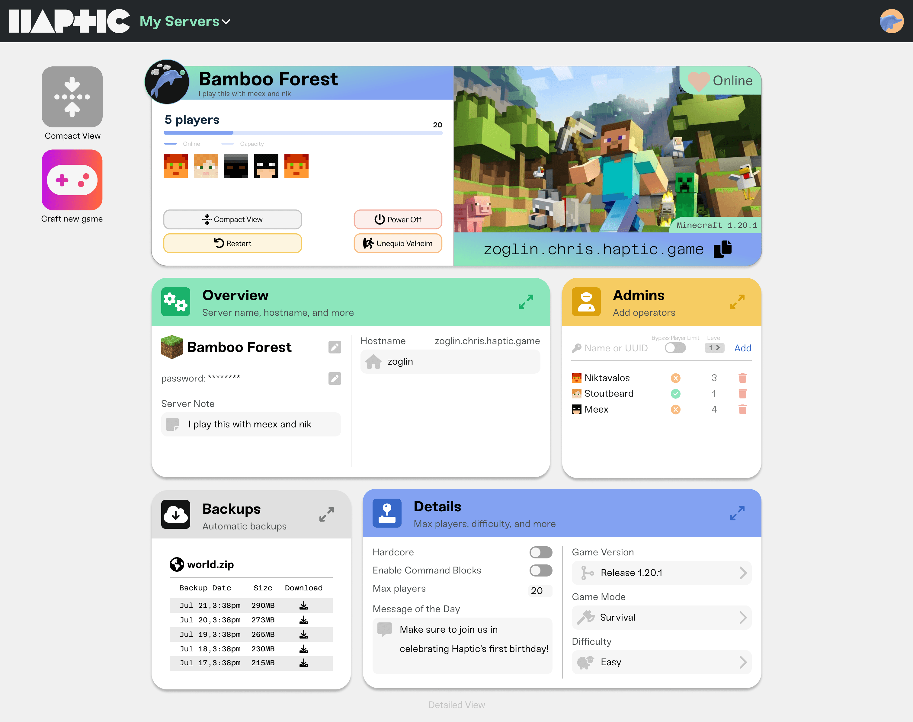Haptic's new game server configuration page and layout.