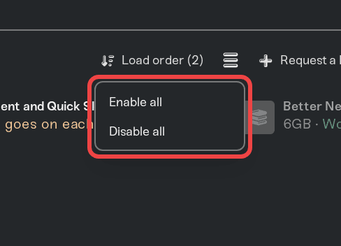 The bulk menu open with Enable all and Disable all