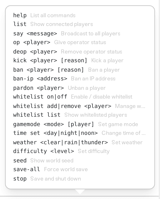 The per-game command reference tooltip on a Minecraft server