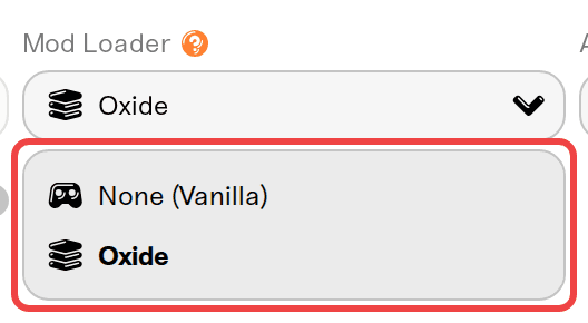 The Mod Loader picker in the Overview card's Basic tab, set to Oxide