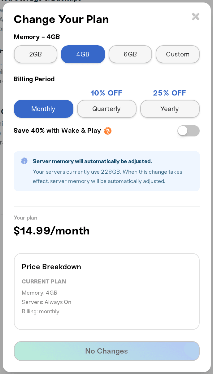 The plan editor with memory presets, the Wake & Play toggle, and billing periods