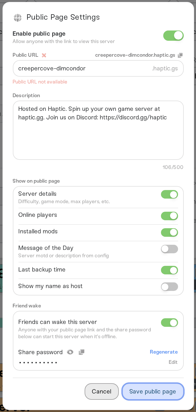 The Public Page Settings window with the Enable public page toggle and Public URL field