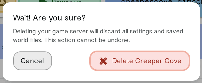 The Wait! Are you sure? confirmation dialog with Cancel and Delete buttons