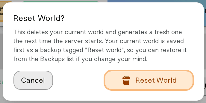 The Reset World confirmation dialog