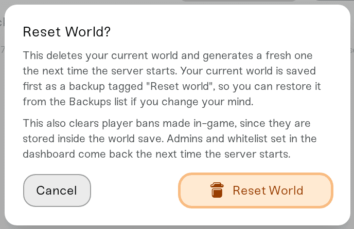 The extra bans warning in the Reset World dialog on a Project Zomboid server