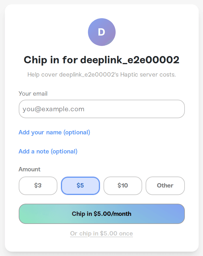 The chip-in page a friend sees, with amount presets and the monthly button