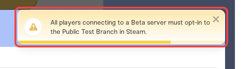 Warning that players must opt in to the Public Test Branch in Steam