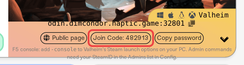 The Join Code pill on the address strip of a crossplay Valheim server
