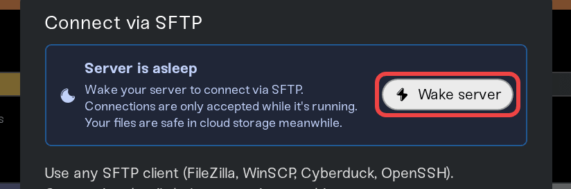 The Server is asleep banner in the Connect via SFTP window, with the Wake server button