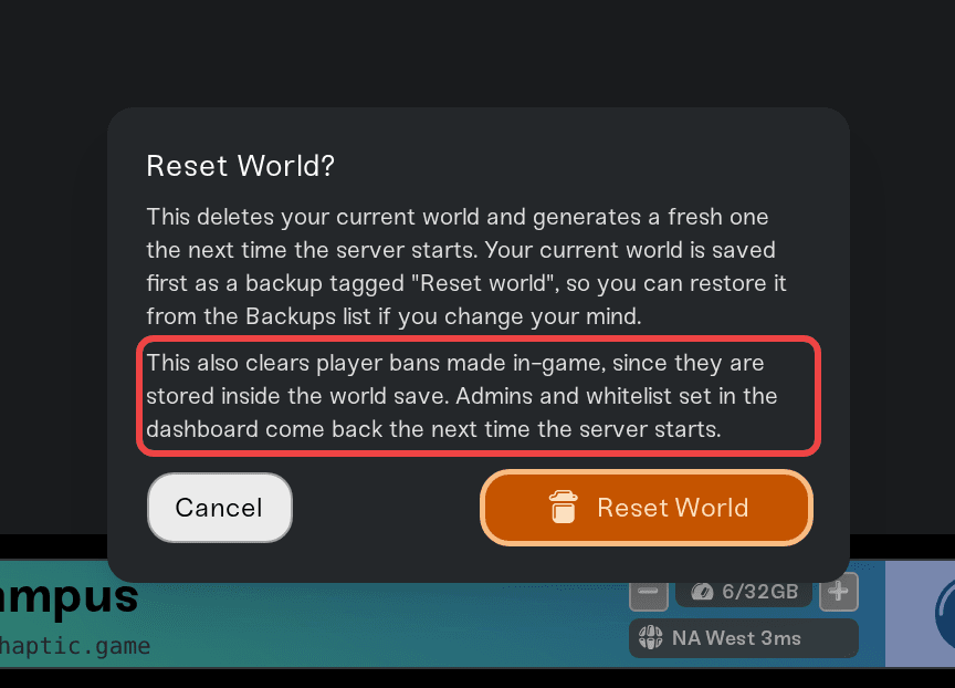 The extra bans warning in the Reset World dialog on a Project Zomboid server