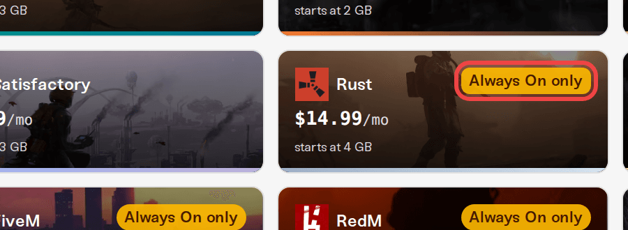 The Rust tile on the pricing page with its Always On only badge