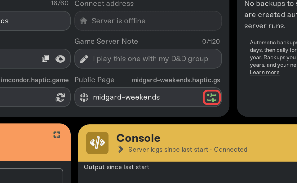 The Public Page field on the Overview card with the green sliders icon highlighted