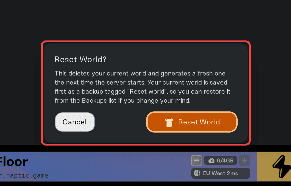 The Reset World confirmation dialog