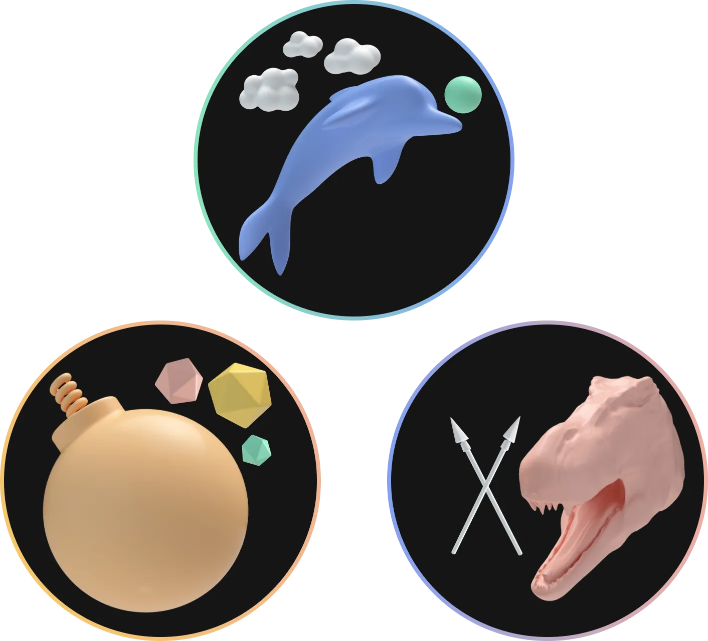 Three circles making an equilateral triangle. The lower left circle contains an orange cartoon bomb with a red, yellow, and green D20 floating to the upper right of it. The top circle contains a bulbous dolphin jumping high into the clouds bouncing a green ball off its nose. The lower right circle contains a ferocious-looking red tyrannosaurus rex opening its jaws towards two crossed white spears.